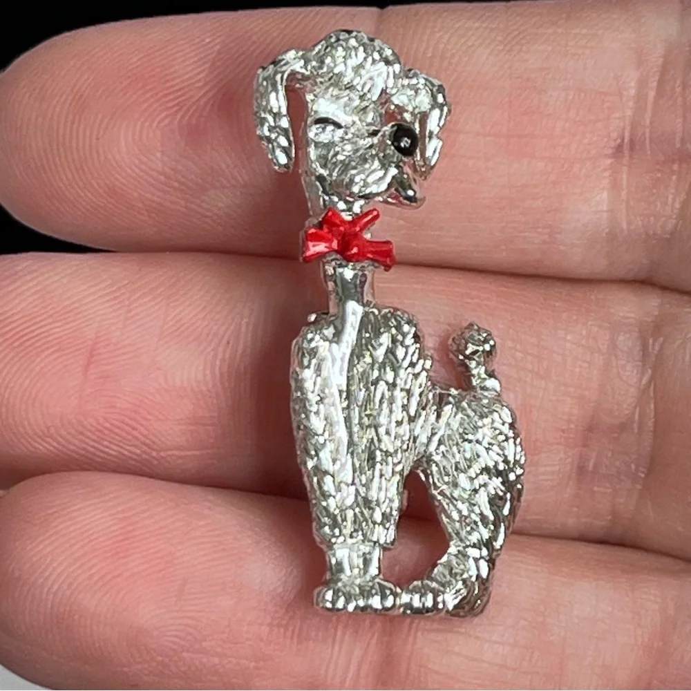 vintage silver tone poodle pin brooch red bow pin‎ back 1.5 inches